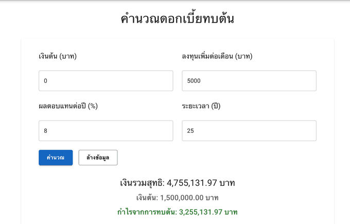 ตัวอย่างแรก การคำนวณ DCA เดือนละ 5,000 บาท ผลตอบแทน 8% ต่อปี เป็นระยะเวลา 25ปี